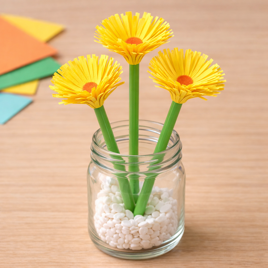 Yellow fringe-cut paper flowers arranged in a glass jar filled with small white stones.