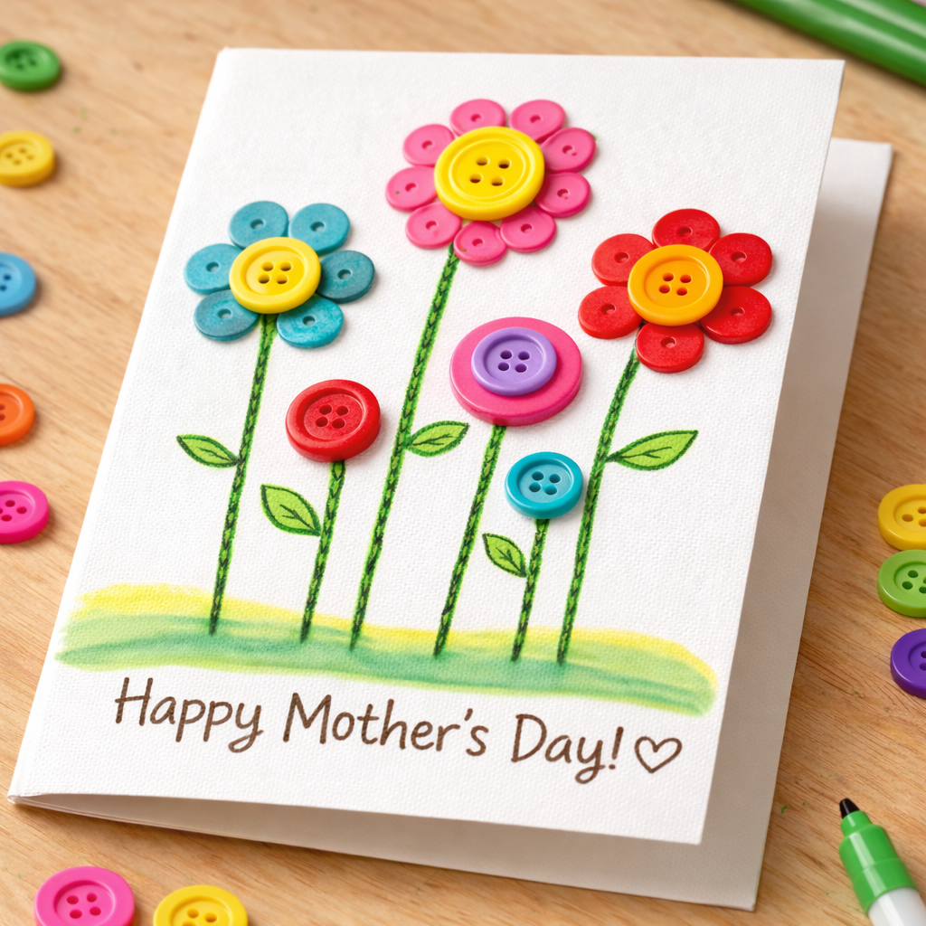 Colorful handmade Mother’s Day card featuring flowers made from bright buttons, with drawn green stems and the message “Happy Mother’s Day!” written at the bottom.