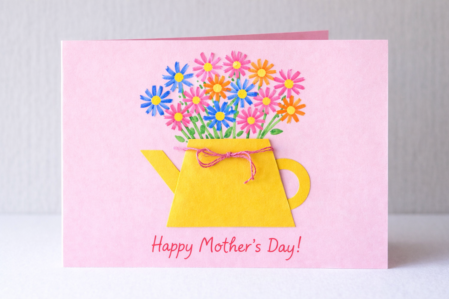 Pink handmade Mother’s Day card featuring a yellow paper watering can filled with colorful painted flowers, tied with string, and the message “Happy Mother’s Day!” written at the bottom.