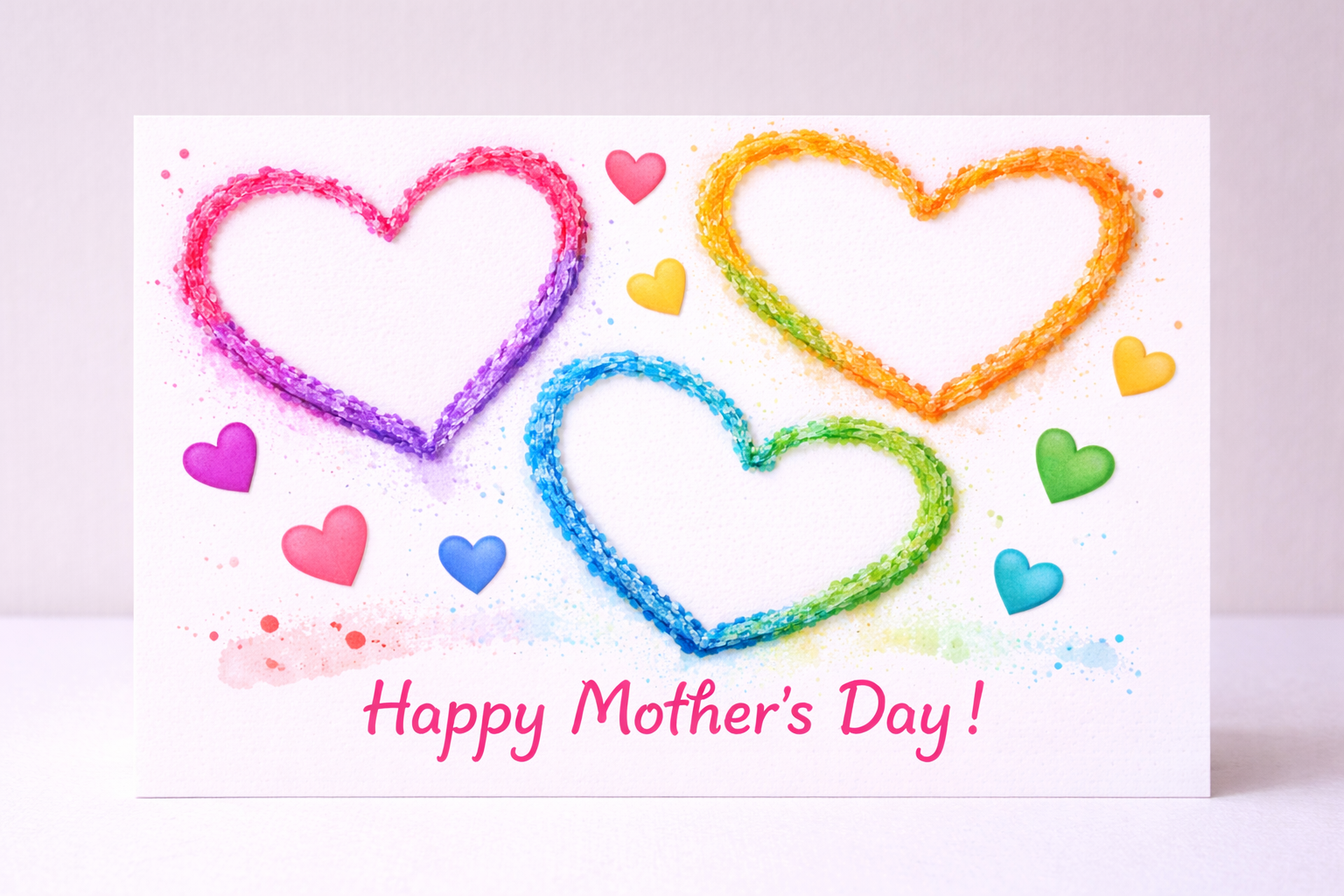 White handmade Mother’s Day card featuring three colorful heart shapes created with salt painting in rainbow hues, surrounded by small multicolored hearts and the message “Happy Mother’s Day!” at the bottom.