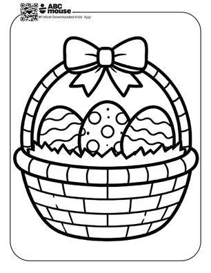Free printable simple easter coloring page for kids from ABCmouse.com featuring a woven Easter basket filled with decorated eggs and topped with a large bow.