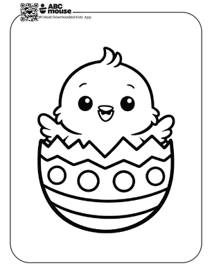 Free printable simple easter coloring page for kids from ABCmouse.com featuring a baby chick popping out of a cracked, decorated Easter egg shell.