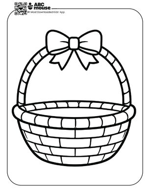 Free printable simple easter coloring page for kids from ABCmouse.com featuring a simple woven Easter basket with a large bow and empty space inside for creative coloring.