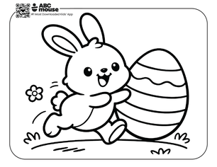 Free printable simple easter coloring page for kids from ABCmouse.com featuring a happy bunny running while holding a large decorated Easter egg.