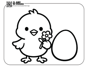 Free printable simple easter coloring page for kids from ABCmouse.com featuring a small chick holding a flower and standing next to a large Easter egg.