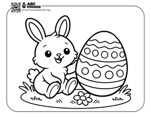 Free printable simple easter coloring page for kids from ABCmouse.com featuring a smiling bunny sitting next to a decorated Easter egg with simple, bold outlines.