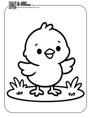 Free printable simple easter coloring page for kids from ABCmouse.com featuring a happy baby chick standing on grass with wings slightly spread in a clean black-and-white outline.