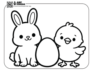 Free printable simple easter coloring page for kids from ABCmouse.com featuring a cute bunny and chick sitting together beside a large Easter egg.