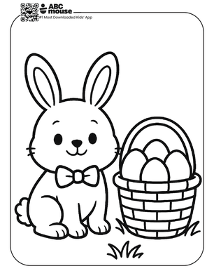 Free printable simple easter coloring page for kids from ABCmouse.com featuring a cute bunny wearing a bow tie sitting beside a basket filled with Easter eggs.