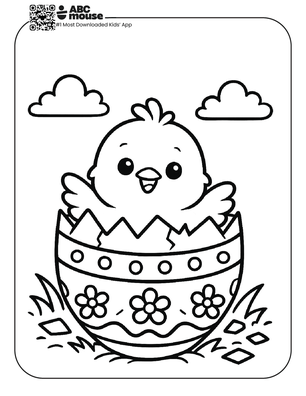 Cute little chick hatching out of an easter egg free printable coloring page for kids from ABCmouse.com.