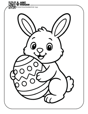 Free printable simple easter coloring page for kids from ABCmouse.com featuring a smiling bunny holding a large decorated Easter egg in a bold, easy-to-color outline.