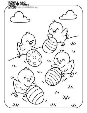 Free printable simple easter coloring page for kids from ABCmouse.com featuring several happy chicks rolling decorated Easter eggs down a grassy hill under simple clouds.