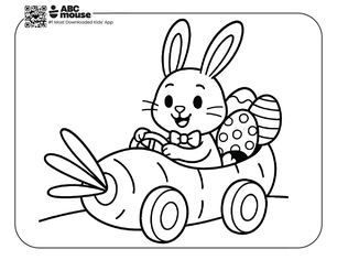 Free printable simple easter coloring page for kids from ABCmouse.com featuring a bunny driving a carrot-shaped car with Easter eggs in the back.