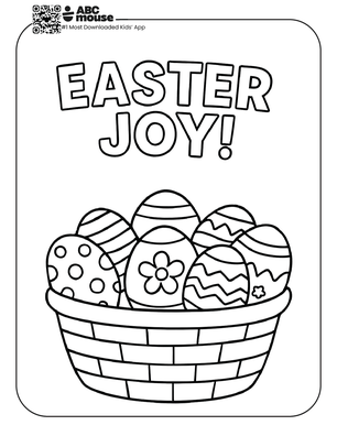 Free printable simple easter coloring page for kids from ABCmouse.com featuring a basket filled with decorated Easter eggs and the words “EASTER JOY!” above it.