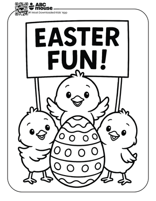 Free printable simple easter coloring page for kids from ABCmouse.com featuring two happy chicks holding an “EASTER FUN!” sign next to a large decorated egg.