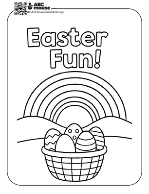 Free printable simple easter coloring page for kids from ABCmouse.com featuring a rainbow over a basket filled with Easter eggs and the words “Easter Fun!” at the top.