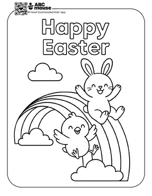Free printable simple easter coloring page for kids from ABCmouse.com featuring two smiling bunnies sitting on a rainbow with clouds and the words “Happy Easter” above them.
