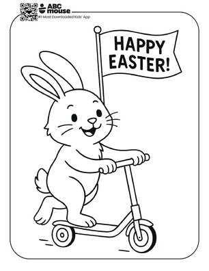 Free printable simple easter coloring page for kids from ABCmouse.com featuring a bunny riding a scooter holding a flag that reads "Happy Easter".