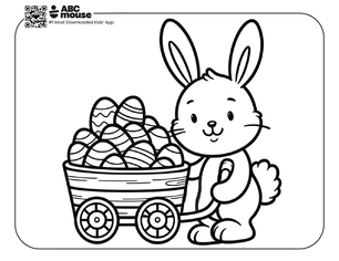 Free printable simple easter coloring page for kids from ABCmouse.com featuring a smiling bunny pulling a wagon filled with decorated Easter eggs.
