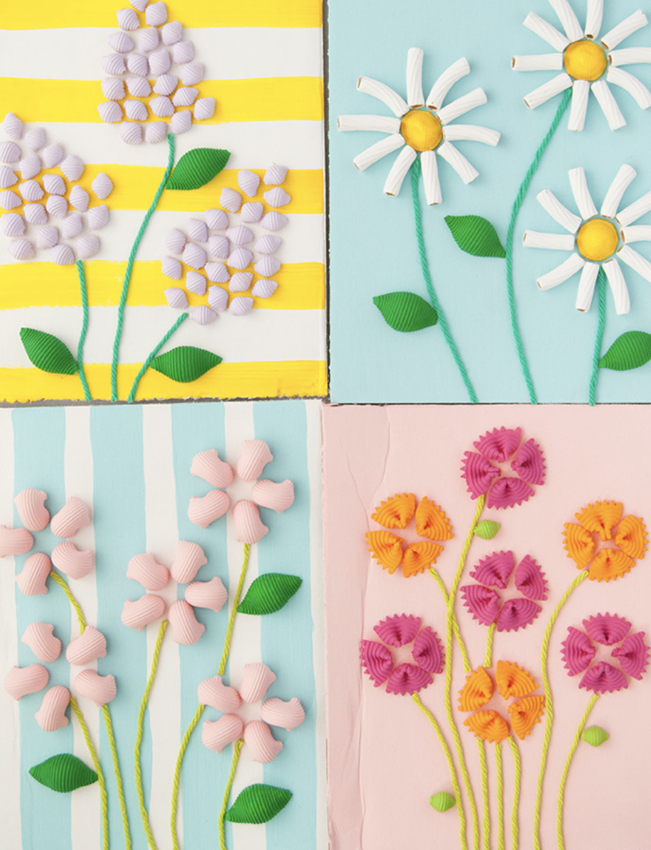 Four-panel collage of textured flower crafts made from paper and craft materials on colorful backgrounds.