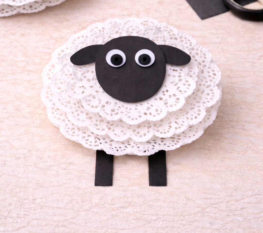 Paper sheep craft made from layered white doilies with a black paper face, googly eyes, and simple black paper legs.