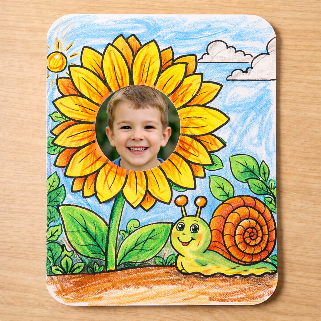 Child smiling through a sunflower face cutout, surrounded by a colorful drawing of leaves, a snail, and a sunny sky.