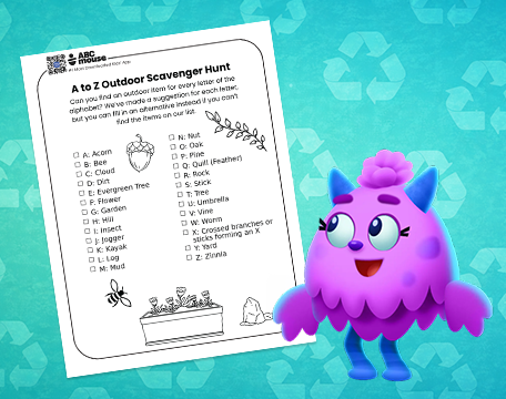 Printable A to Z outdoor scavenger hunt worksheet with alphabet checklist and purple ABCmouse character on teal background