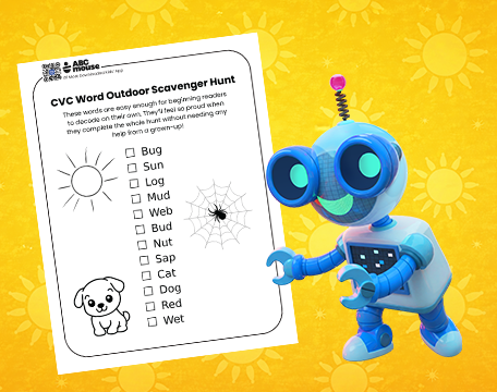 Printable CVC word outdoor scavenger hunt worksheet with simple phonics word list and blue robot character on yellow background