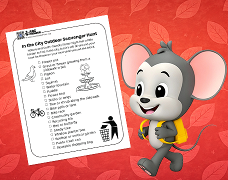 Printable In the City outdoor scavenger hunt worksheet featuring urban checklist and ABCmouse mouse character on red background