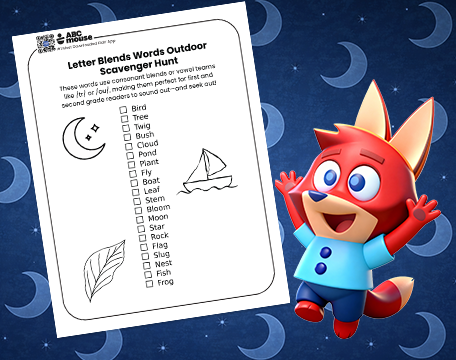 Printable letter blends outdoor scavenger hunt worksheet with blend word checklist and fox character on dark blue background