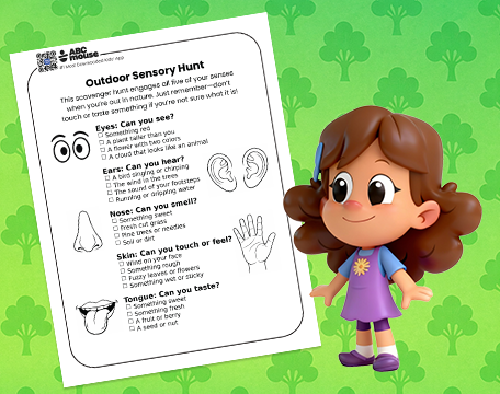 Outdoor Sensory Earth Day scavenger hunt printable with five senses checklist and ABCmouse girl character on green background