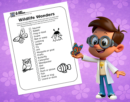Wildlife Wonders Earth Day scavenger hunt printable featuring animal checklist and ABCmouse boy character on purple background