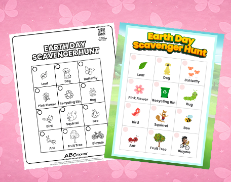 Printable Earth Day scavenger hunt with labeled picture checklist for preschoolers.