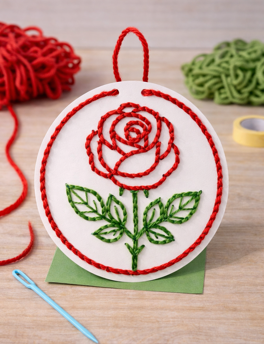 Red and green string arranged to form a rose design on a circular board.