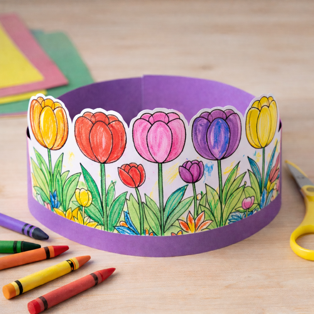 Paper crown decorated with hand-colored tulips, with crayons and scissors nearby.