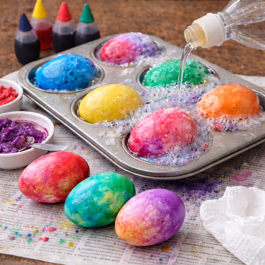 Colorful dyed Easter eggs in a muffin tin fizzing as clear liquid is poured over them, with food coloring bottles and paper towels nearby.
