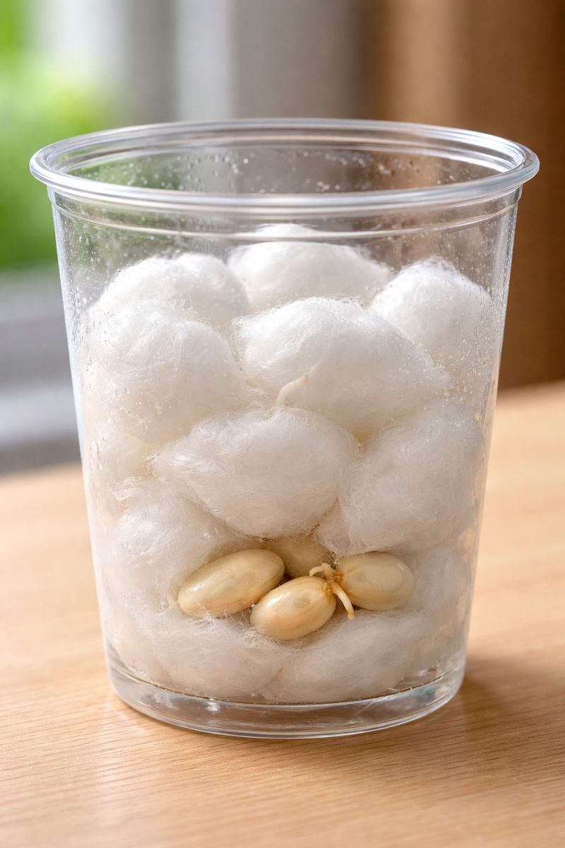 Seeds sprouting between layers of cotton balls inside a clear cup.