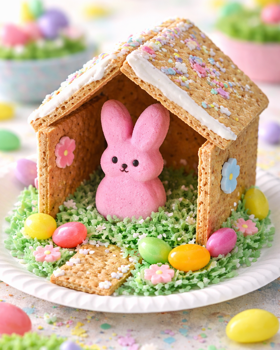 Graham cracker house decorated with frosting and sprinkles, featuring a pink marshmallow bunny inside and colorful candy eggs on green coconut “grass.”