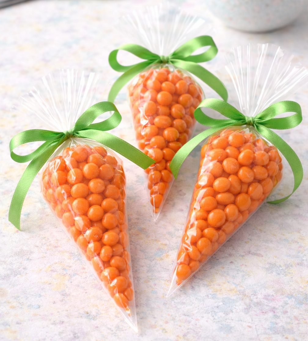 Clear cellophane treat bags shaped like carrots, filled with orange candies and tied with green ribbon bows.
