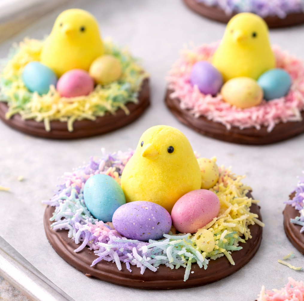 Chocolate nest treats topped with yellow marshmallow chicks and pastel candy eggs on colorful coconut “grass.”