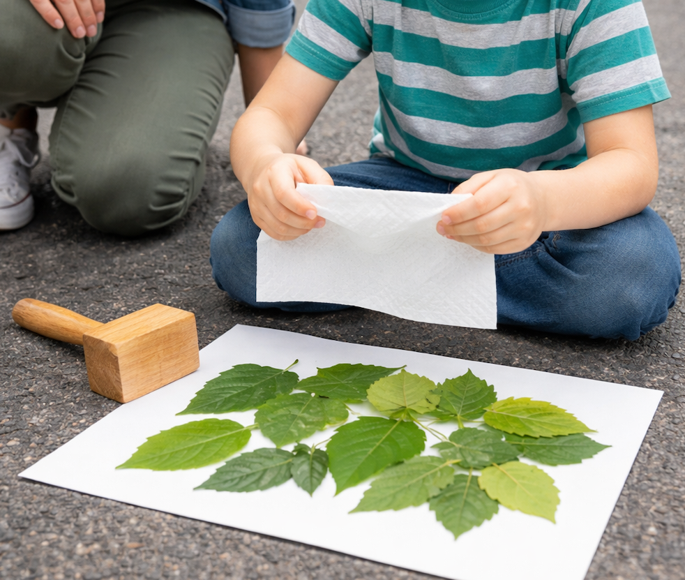 Child making a leaf rubbing using paper and a wooden block outdoors.