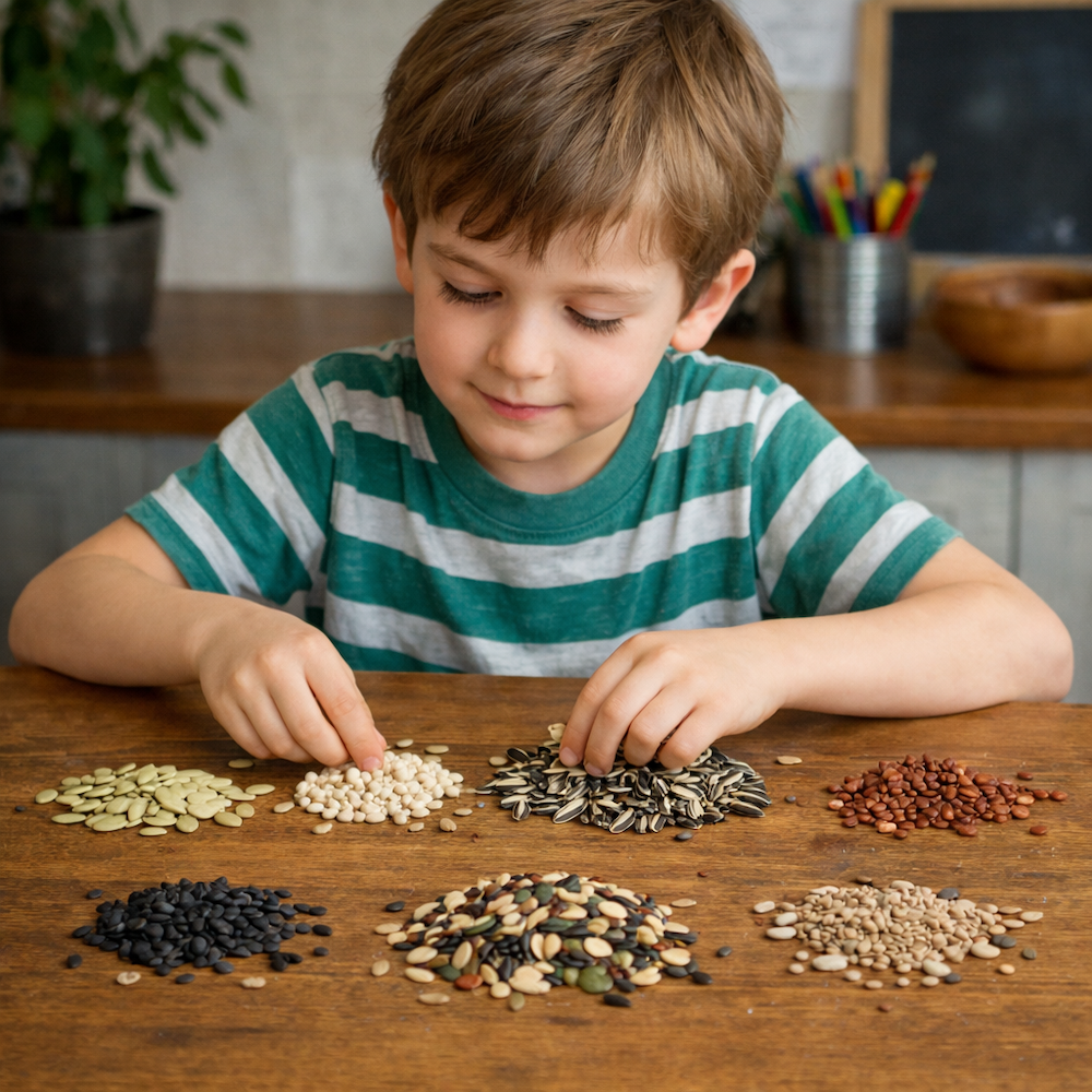 Child sorting different types of seeds on a table.