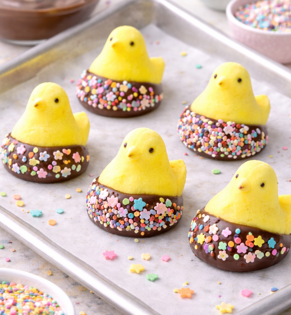 Yellow marshmallow chick treats sitting in chocolate bases covered with colorful sprinkles on a baking sheet.