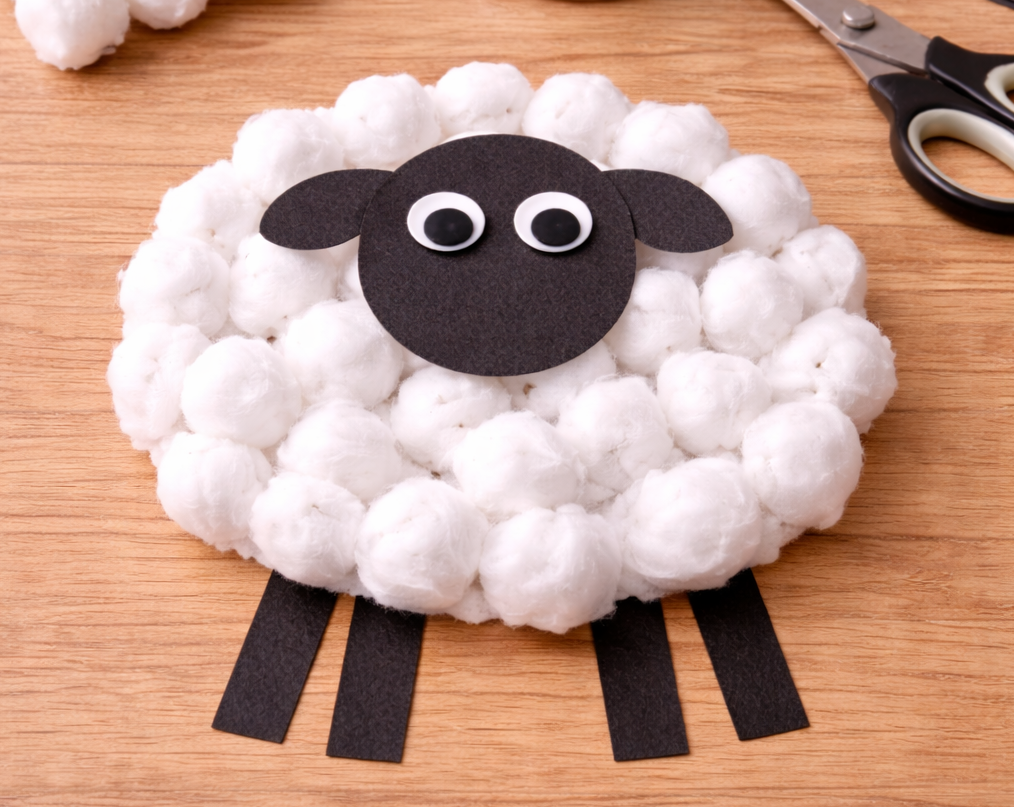 Cotton ball sheep craft with a black paper face, googly eyes, and four black paper legs on a wooden surface.