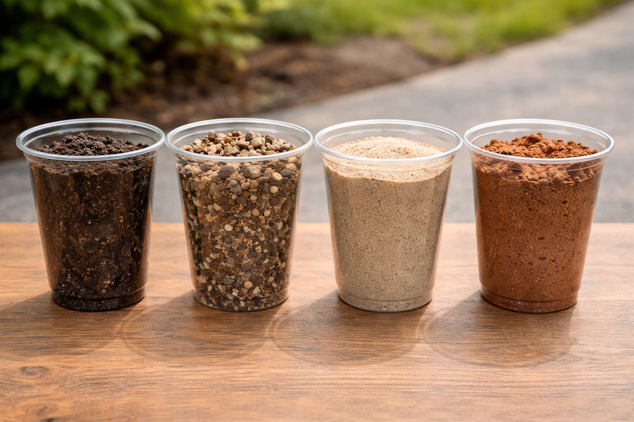 Four cups filled with different soil types: dark soil, gravel, sand, and clay.