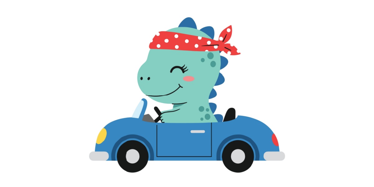 cartoon image of a dinosaur driving a car