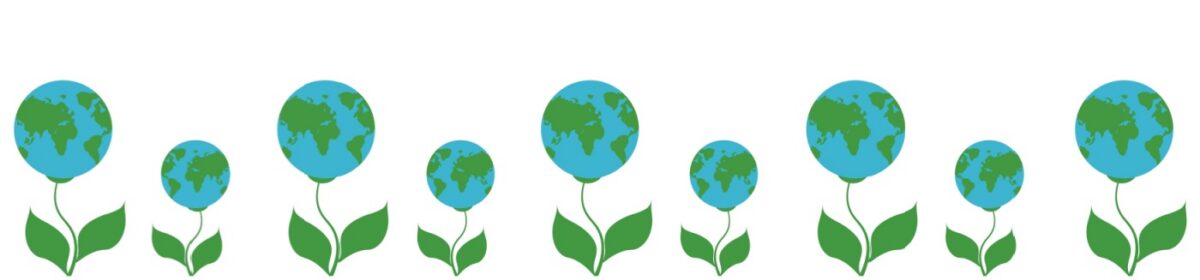 Row of alternating large and small flowers, each with green leaves and a blue-and-green globe as the blossom, arranged in a horizontal pattern on a light background.