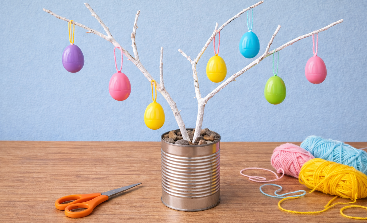 Small decorative tree made from white branches in a tin can, hung with colorful plastic Easter eggs on strings, with scissors and yarn nearby.