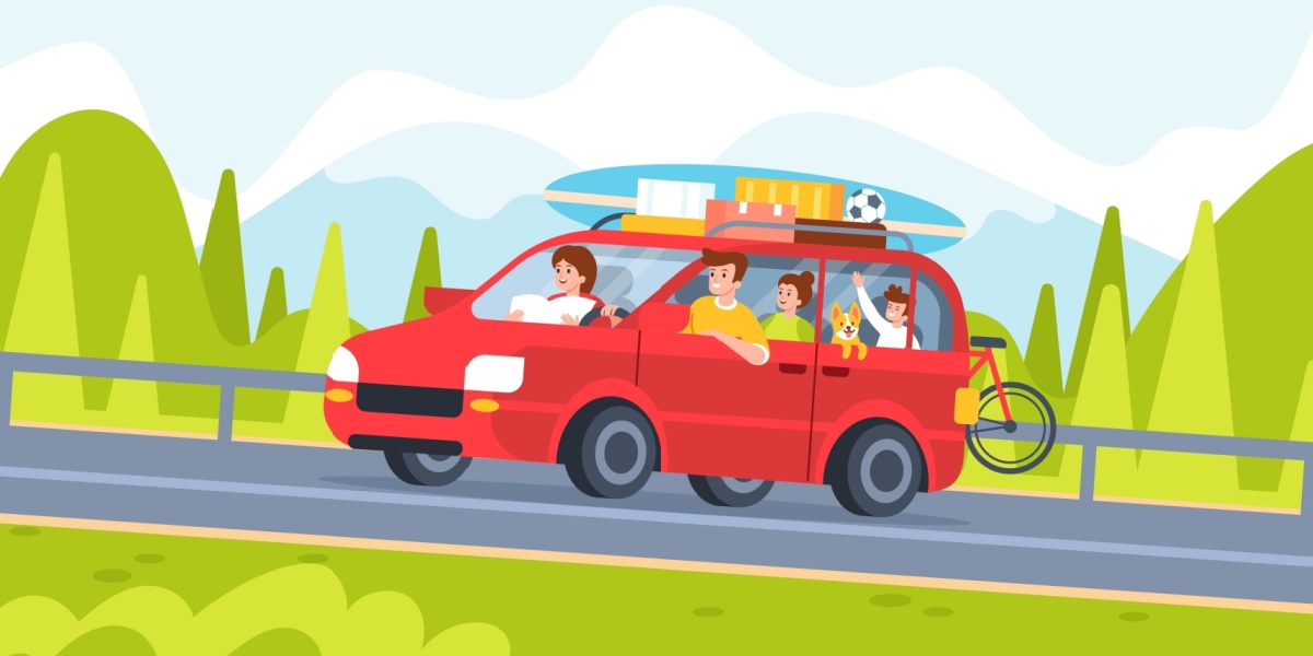 Cartoon image of a family driving in a car.