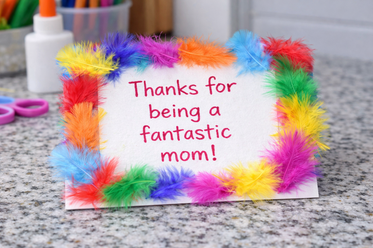 Handmade Mother’s Day card with a rainbow fuzzy border and the message “Thanks for being a fantastic mom!” written in the center.